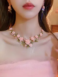 Flower Design Rhinestone Decorated Necklace & Earrings, Fashionable Jewelry Set, Fashion Jewelry for Party, Daily Clothing Decor, Trendy All-match & Exquisite Jewelry for Birthday Gift, Earrings Set