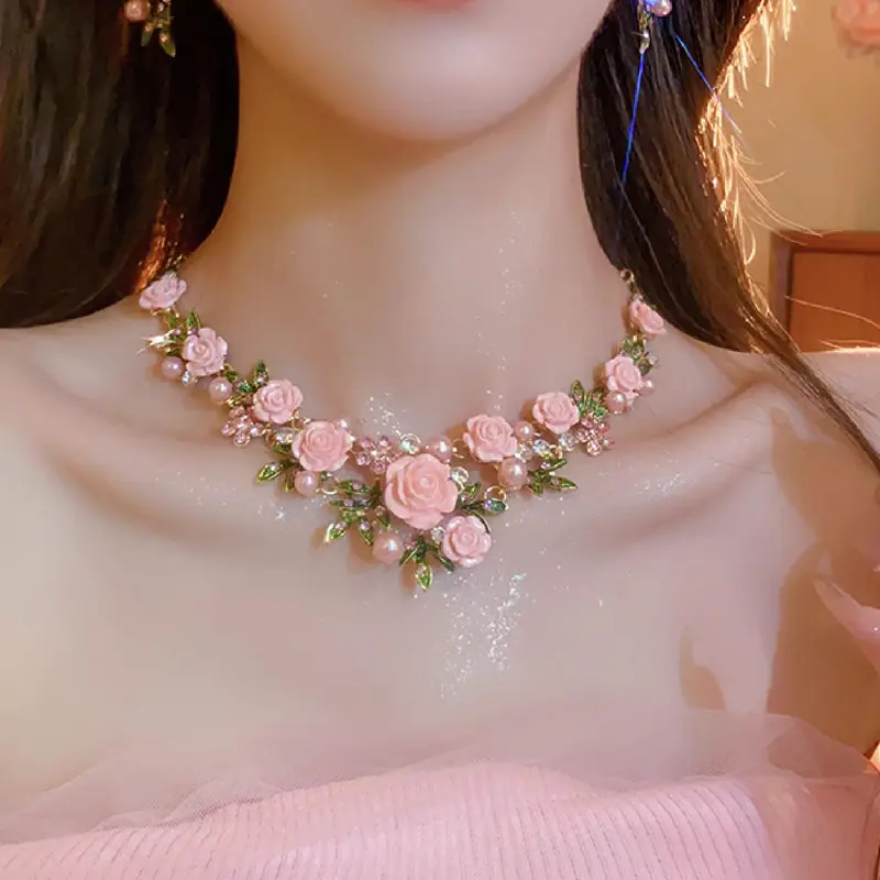 Mother's Day Gift Flower Design Rhinestone Decorated Necklace & Earrings, Fashionable Jewelry Set for Party, Daily Clothing Decor, Trendy All-match, Versatile & Exquisite Jewelry for Birthday, Jewelry Set, Elegant Jewelry Set