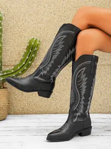 Women's Vintage Embroidered Western Boots, Flame Totem, Low Heel, High Calf, Durable PU Leather, All Seasons, Street Style