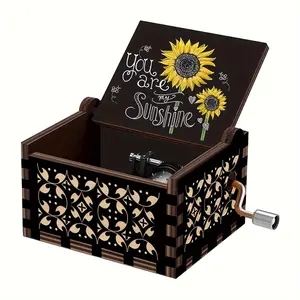 Sunflower & Letter Pattern Wooden Music Box, 1 Count Vintage Hand Crank Music Box, Clockwork Music Box, Creative Desktop Ornament, Home Decor Supplies for Living Room Bedroom Office