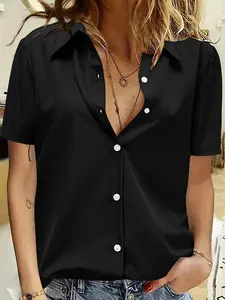 【Plus Size】 Solid Fitted Button Front Shirt Blouse, Casual Short Sleeve Collared Top for Summer, Women's Clothing for Daily Wear
