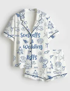 Women’s Seashells & Wedding Bells Bachelorette Beach Mermaid Bride Short Sleeve Silky Satin Pajama Set Luxury Nightwear Getting Ready Outfits Bachelorette Party Gift For Her Loungewear Matching Pajamas Sets Team Bride Pjs Button Down Destination Tops