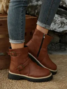 Leather Mid-Calf Boots with Side Zipper and Buckle Design, Vintage Hard Style, Casual Wear for Men and Women, Fall & Winter, Western Cowgirl Boots, Cowboy Boot, Western Inspired Boots