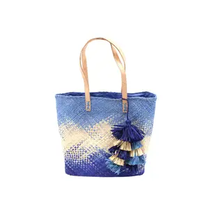 Denim Ombre Straw Handbag with Tassel Charm Embellishment