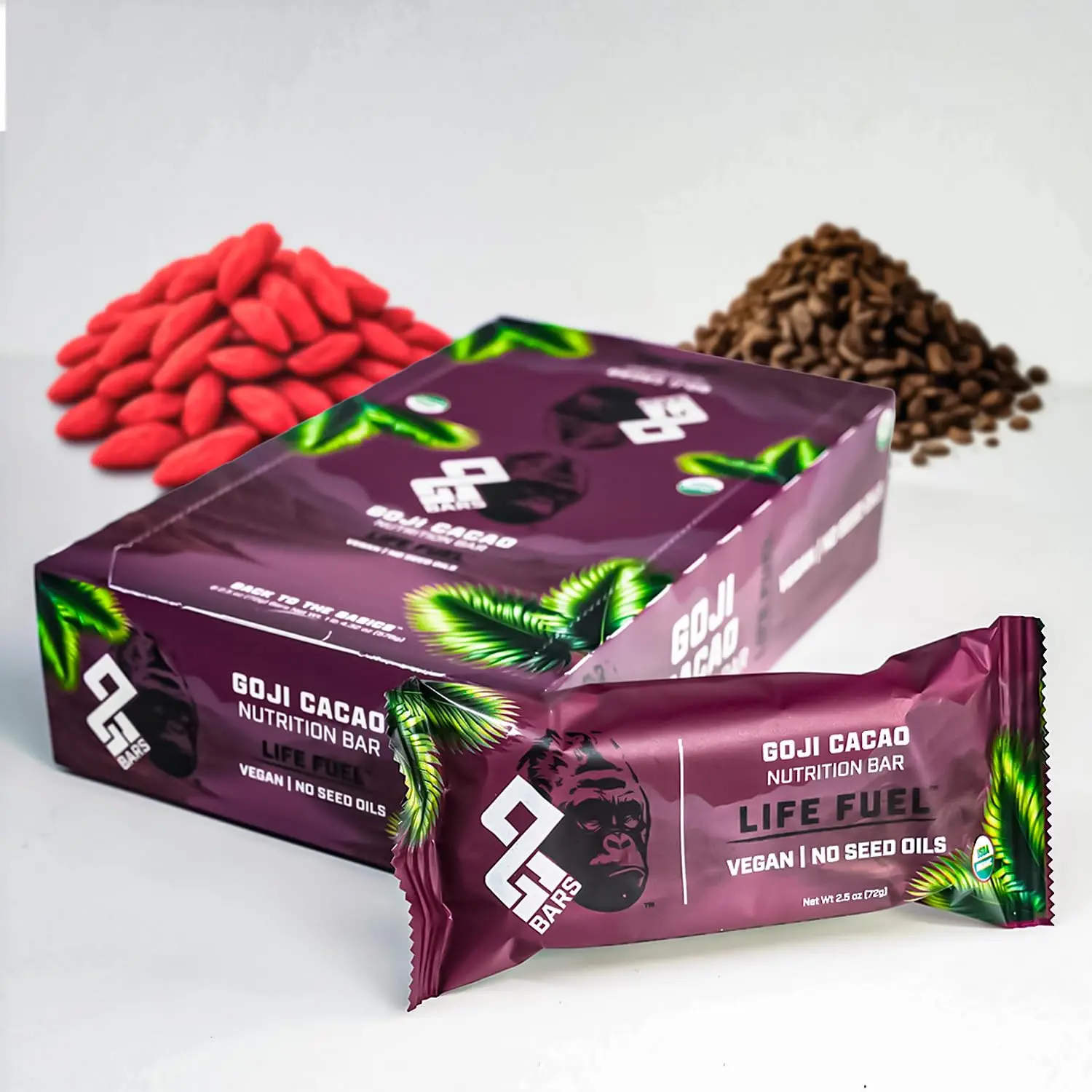 ORGANIC GORILLA Premium Plant Protein Bar – No Seed Oils, Soy Free, Stevia Free, No Sugar Alcohols – 15g Complete Protein, USDA Organic, Vegan, Gluten Free (GOJI CACAO, 8 Count)
