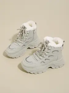 Women's Winter Boots, Fluffy Snow Boots, Silver Color Loafers, Thick Rubber Sole Mary Jane Flats, Casual Sporty Walking Shoes for All Seasons