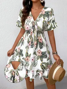 Women's French Vacation Style Tropical Floral Dress, V Neck Tie Waist Slimming Short Skirt, Summer Beach for Daily Wear