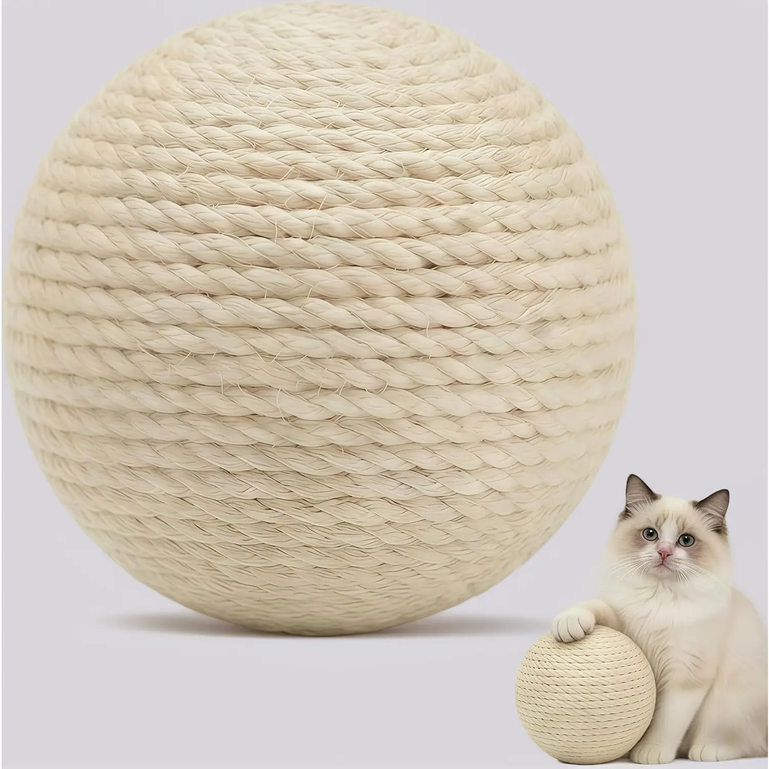 Natural Sisal Cat Scratch Ball - 4-in-1 Indoor Interactive Cat Toy with Crinkle Sound, Non-Rolling Claw Sharpener for Teeth Relief & Hunting Instinct