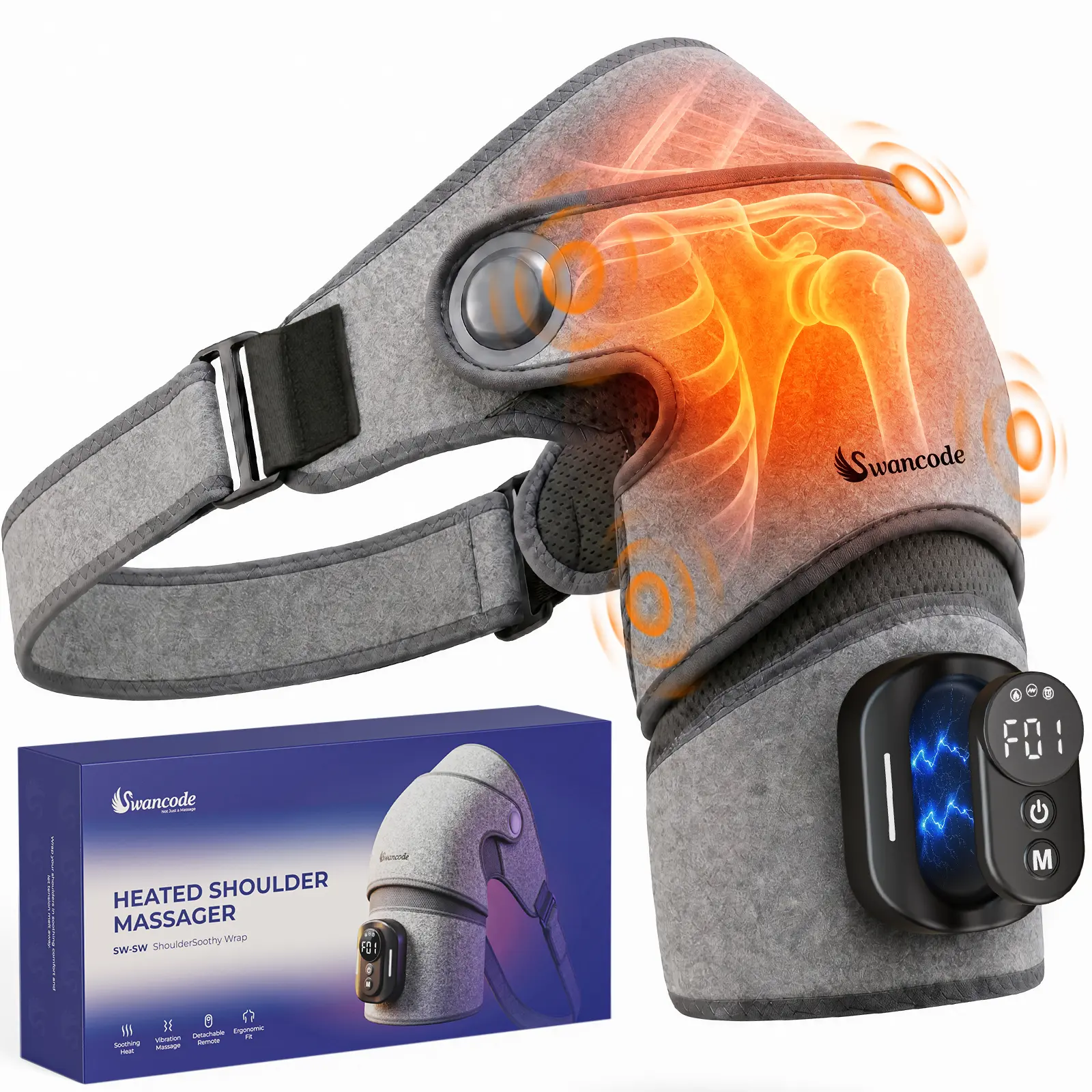 SWANCODE Cordless Triple-Method Shoulder Massager with Heat, Vibration, Brace Support, Nylon Wrap, 5000mAh Magnetic Controller, Light Grey Heating Pad for Office Workers’ Relaxation & Self-Treat Muscle Relief