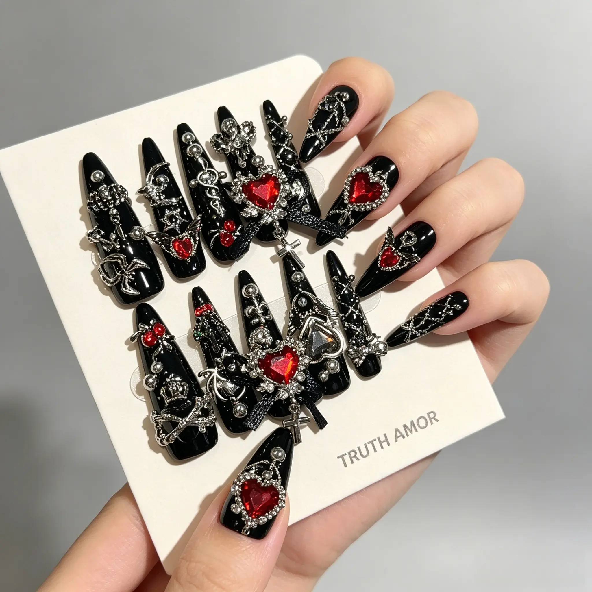 10Pcs TRUTH AMOR Gothic Red Heart Press On Nails, Long Stiletto Fake Nails with Cross & Wing Charms, Black Punk Style, Reusable False Nail Kit, GothicNails, PunkNails, RedHeartNails, PressOnNails