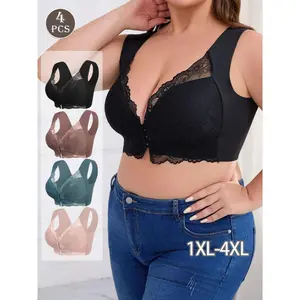 [Plus Size]4 Pack Women's Elegant Floral Lace Push-Up Bra, Comfortable Wireless Design, Medium Support, Fashion Front Buckle, Wide Straps, Perfect for Daily Wear
