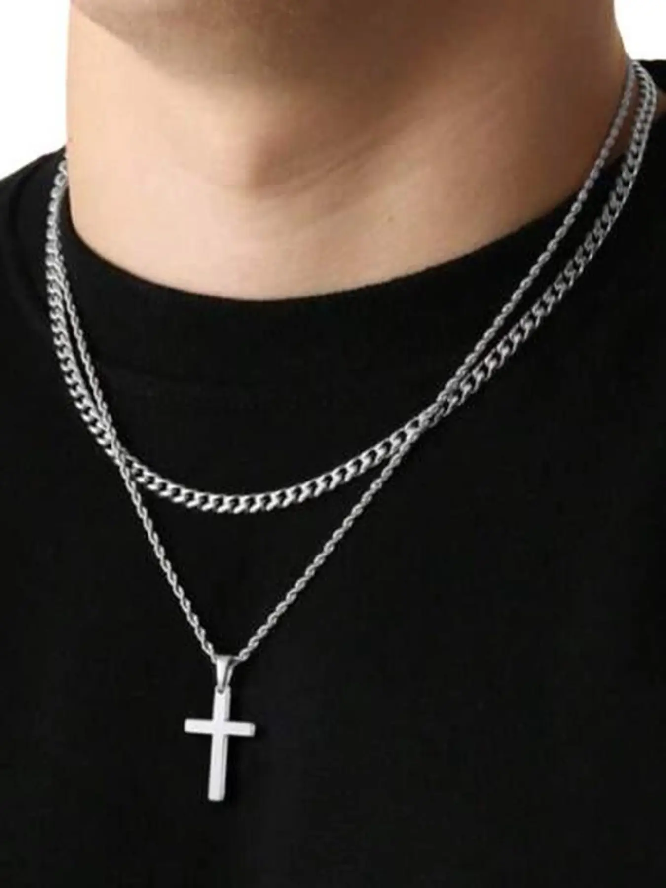Men's Stainless Steel Necklace Set, Twisted Chain & Cross Pendant, Multi-Layer Cuban Style Design, Cuban Link Design, Fashion Jewelry Accessory, Durable Jewelry, Stainless Steel Choker, Stackable Clavicle Chain