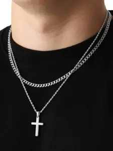 Men's Stainless Steel Necklace Set, Twisted Chain & Cross Pendant, Multi-Layer Cuban Style Design, Fashion Jewelry Accessory, Durable Jewelry