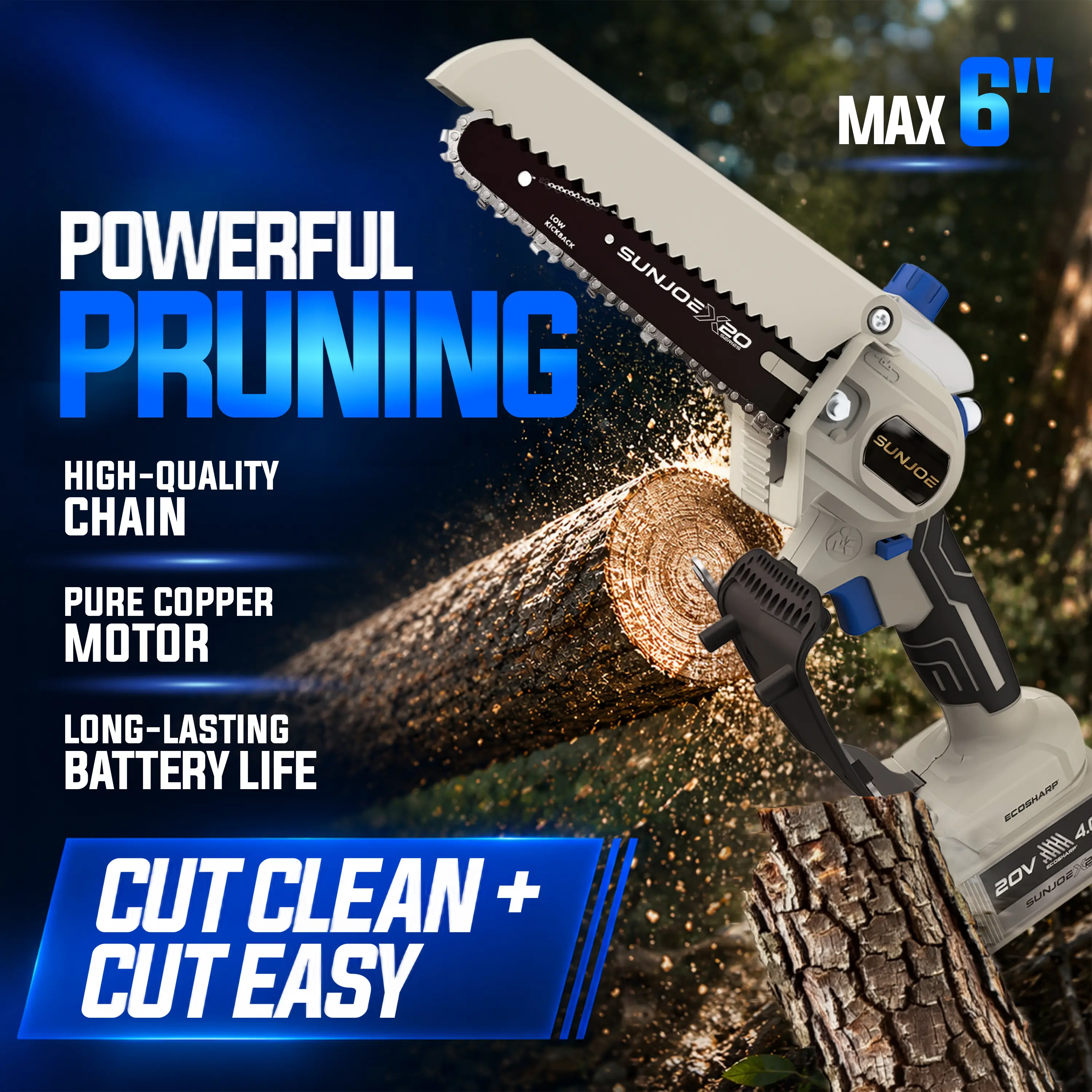 [Summer Sale Deals] Sun Joe Mini Chainsaw 6-Inch Cordless -Lightweight One-Handed Electric Pruning Saw for Men & Women, Seniors, Gardening, Camping, Firewood - Replacement Chain + Charger + Oil + Gloves + Hardshell Case Included | Gift Idea