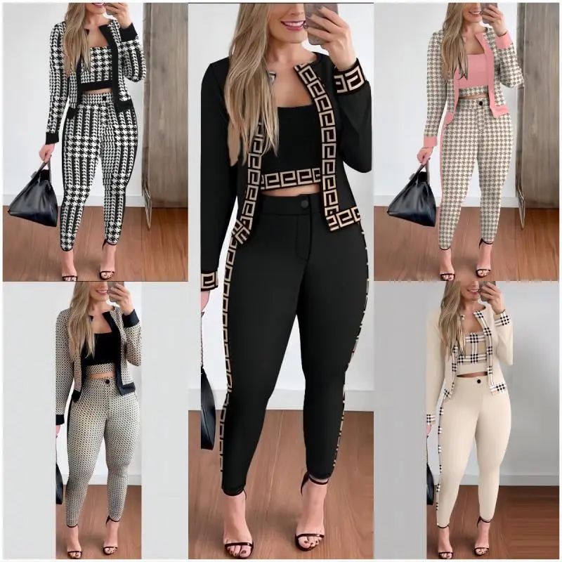 Print Notched Collar Zip Front Flap Detail Corset Slit Coat and Elastic Waist Slim Fit Pants Set Blazer Set Womenswear SuitsA1689