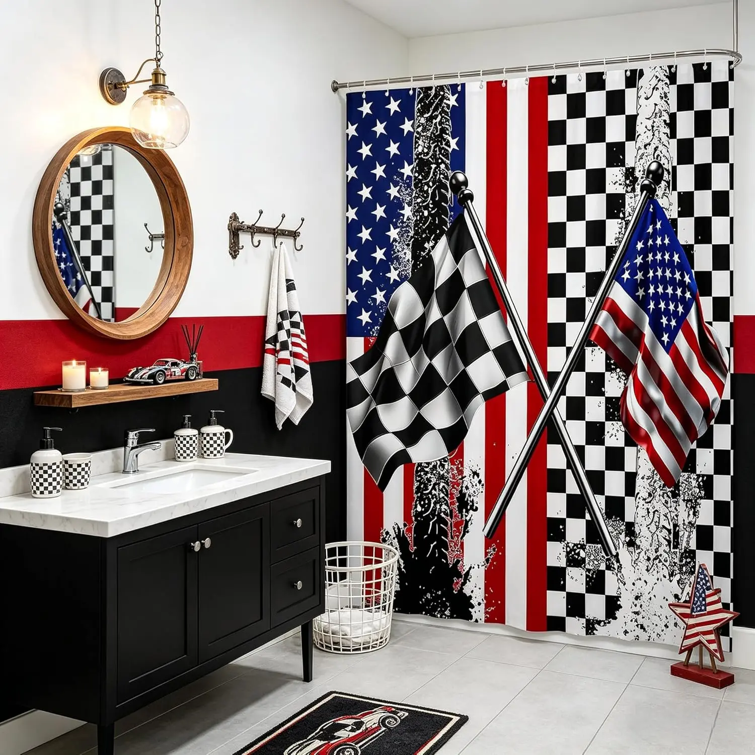 American Flag Shower Curtain,Racing Car Black White Checkered Flag Bath Curtain,Abstract Sports Geometric Waterproof Bathroom Curtain Suit