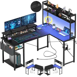 L-Shaped Gaming Desk with LED Lights, 3 Outlets & 2 USB Ports, Reversible Design with Hutch, Adjustable Monitor Stand, 48.82" Home Office Computer Desk