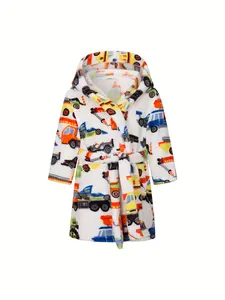 Boys' Long Sleeve Plush Hooded Bathrobe - Construction Cars & Truck Print, Soft Cozy Sleepwear, Kids' Fashion Accessory (Do Not Dry Clean)