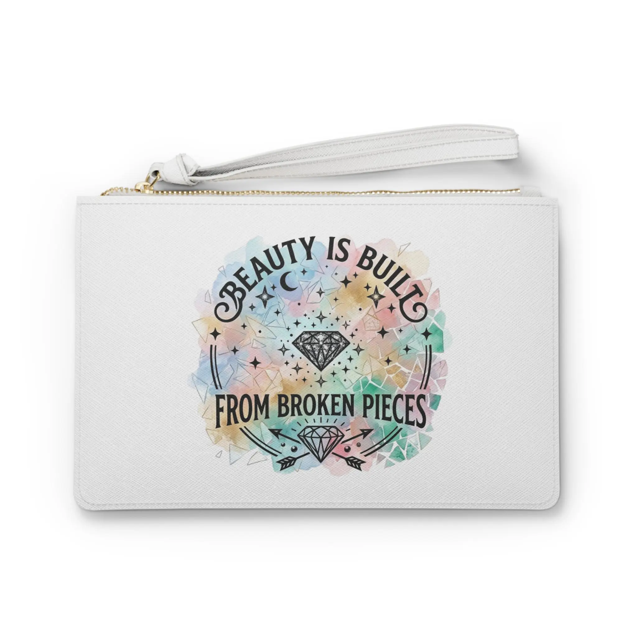 Women's PU Leather Evening Clutch Bag with Wrist Strap - "Beauty Is Built From Broken Pieces" Design, 1 Size, Multi-Compartment, Zip Closure, Radiant Haven, One Size