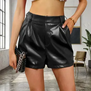 Women's High Waisted Faux Leather Shorts - Pleated Wide Leg Stretchy PU Leather Pants with Pockets Perfect for Casual Outfits Party Wear Fashionable Comfortable Breathable Lightweight Summer Fall Season Clothing