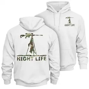 Night Life Coyote Hunting Hoodie – Predator Night Hunting Graphic with Tripod Thermal Scope and Camo Style Back Print, Outdoor Night Hunting Apparel for Coyote Hunters and Predator Hunters