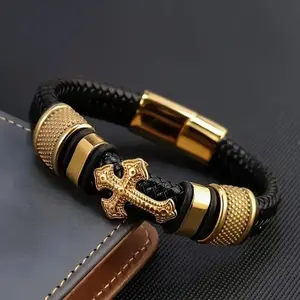 2026 NEW Men's Fashion Cross Bracelet with Metal Magnetic Buckle Trendy Stackable Bangle Business Jewelry Gift for Boyfriend