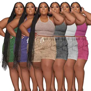 PlusSizeTwo-PieceSetPrintedCasualVestandShortsSet