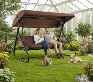 3‑Seat Outdoor Swing Glider w/ Canopy – Converts to Flat Bed, Adjustable Shade, Removable Cushions, Heavy‑Duty Steel Frame, 750 lbs Capacity for Patio, Backyard, Porch or Garden