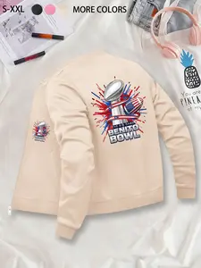 Casual Sporty Men's American Football Trophy Printed Baseball Jacket, Ideal Top & Hoodie Jacket for Daily Gatherings and Events, Designed with Casual Zipper and Practical Pocket Details, Suitable for Daily Wear