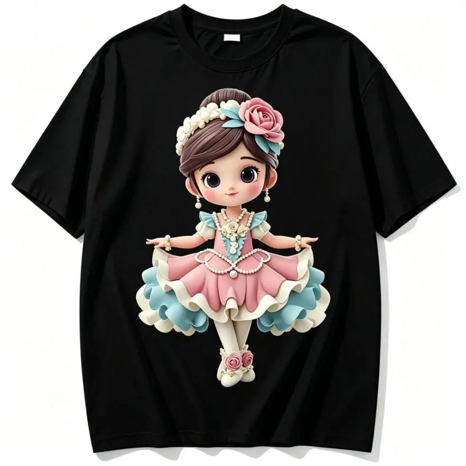 Women's Short-Sleeve Round Neck Casual 100% Cotton Chibi Ballerina Doll Graphic Tee - Polyester-Blend Clothes, Cute Ballet Princess Design