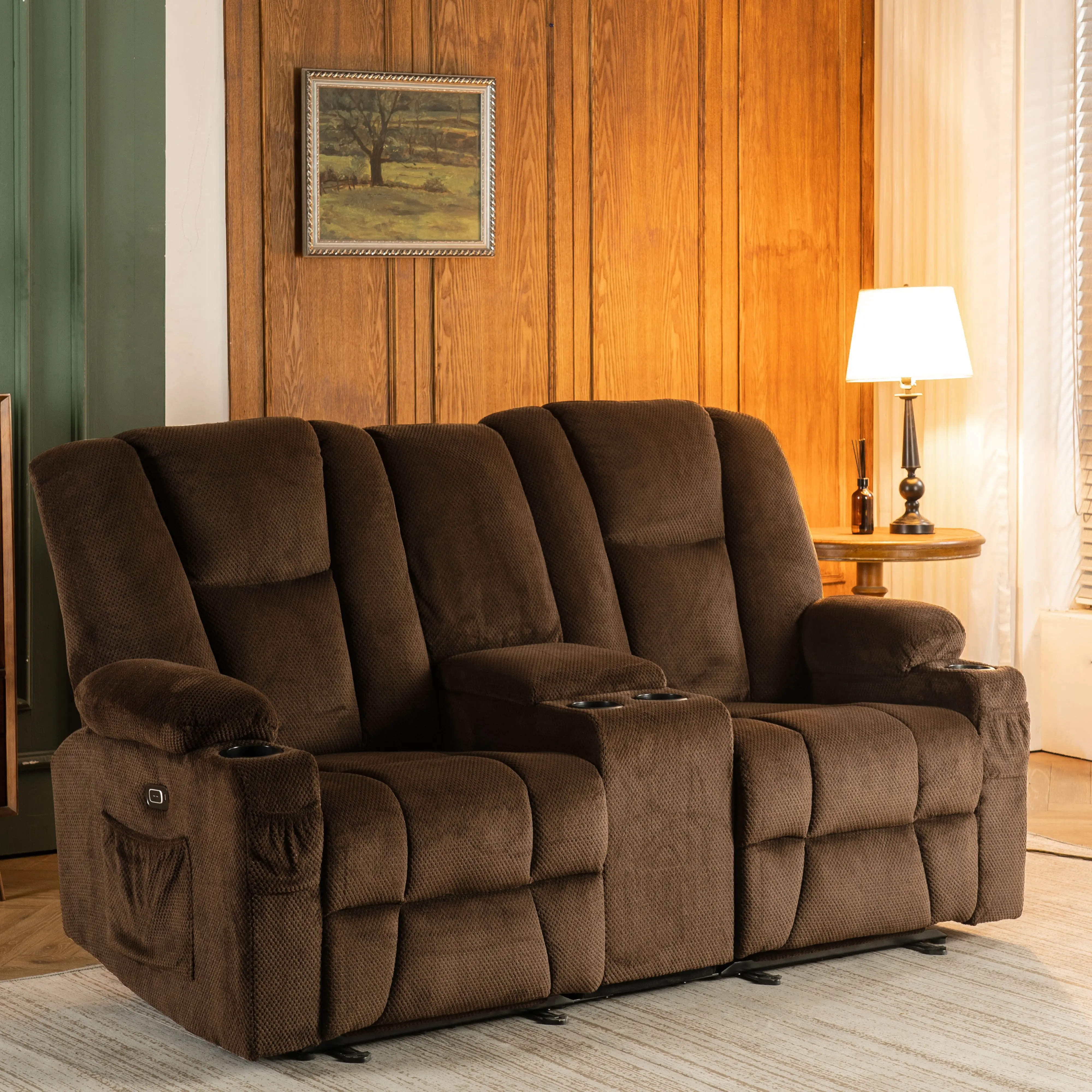 MCombo Fabric Electric Power Loveseat Recliner w/ Console Massage Cup Holders USB for Living Room Navy Blue 6045