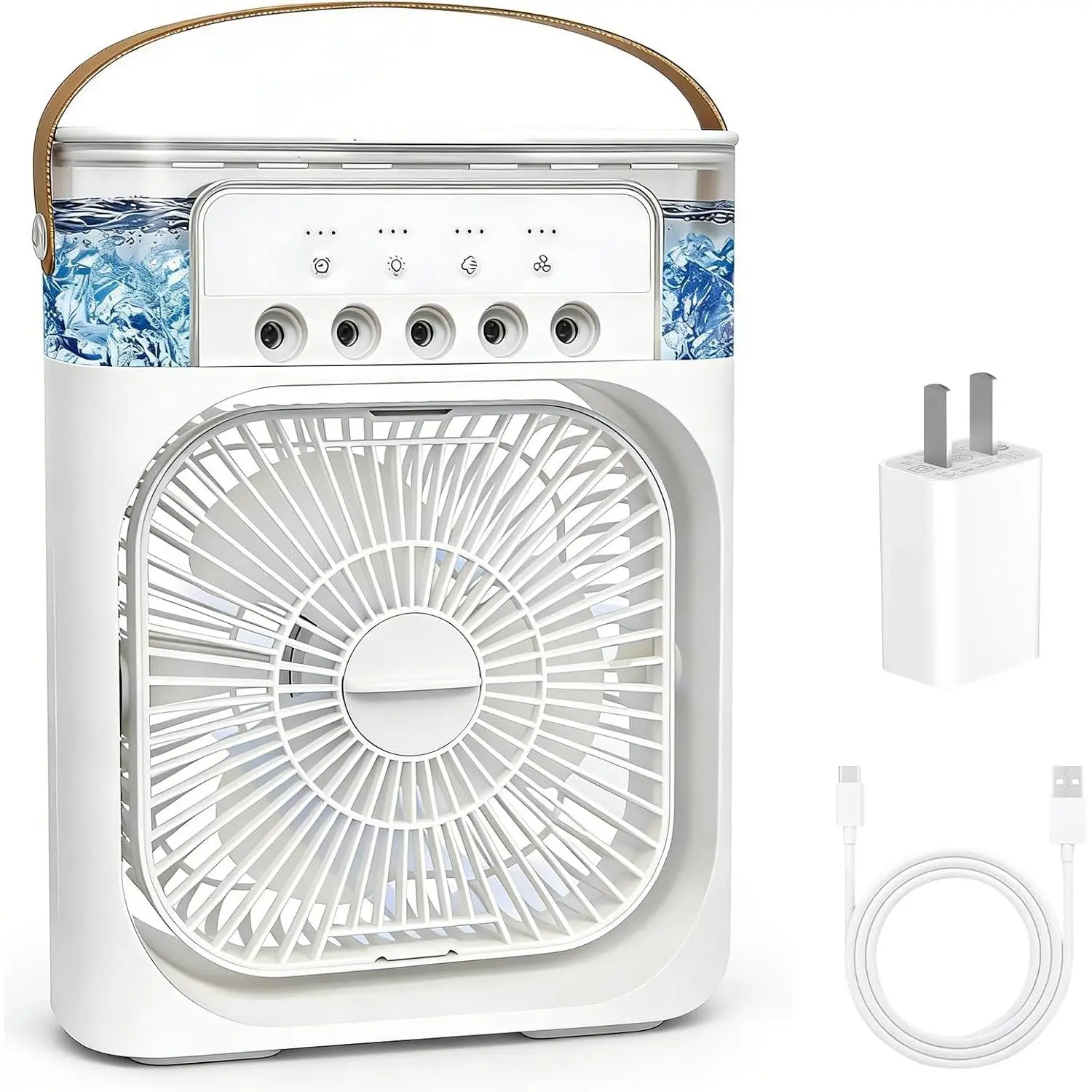 White Mini Evaporative Air Cooler - 5 Spray Nozzles, 3 Adjustable Speed Settings, 3 Timer Options, 7 Color Changing Lights, 600ml Tank, Cooling Mist, Quiet Mode, 10.24"x8.27", for Bedroom, Relaxation, Camping