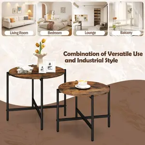 COSTWAY - Round Coffee Table Set of 2 with Heavy-Duty Metal Frame-Rustic Brown