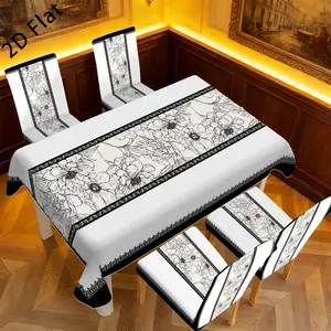 New 2D Flat Printed Tablecloth & Chair Cover Set, 5Pcs/7Pcs Rectangle Table Decor, Washable Reusable All-Season Dining Chair Cover