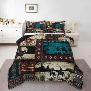 Western Cowboy Comforter Set,Wild West Rustic Southwestern Comforter,Exotic Plaid Geometric Bedding Set,Patchwork Design Duvet Set
