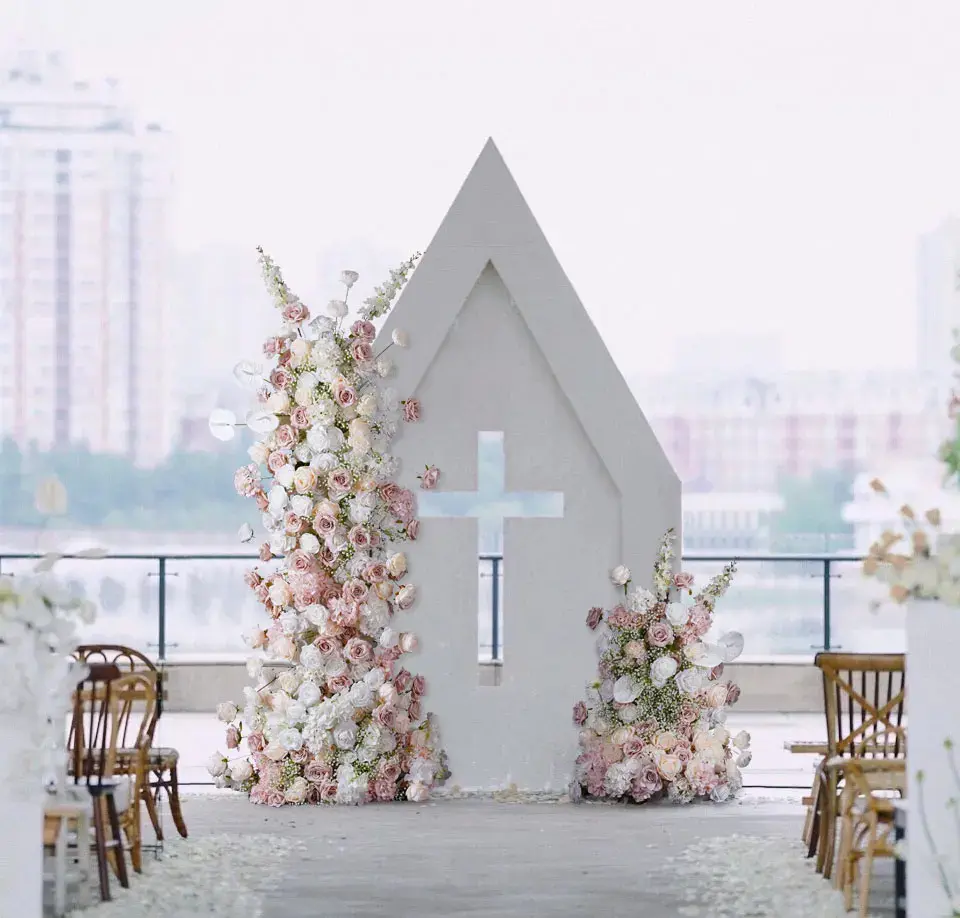 S-A8796 White & Blush Pink Wedding Backdrop KT Board, Flower Backdrop Wall with Roses, Baby's Breath & Delphiniums, 220*70cm/3.3x2.3ft Flower Row Party Background Decoration