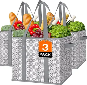 3 Pack Reusable Grocery Bags ️ | Heavy Duty Foldable Shopping Tote with Large Capacity & Box Shape