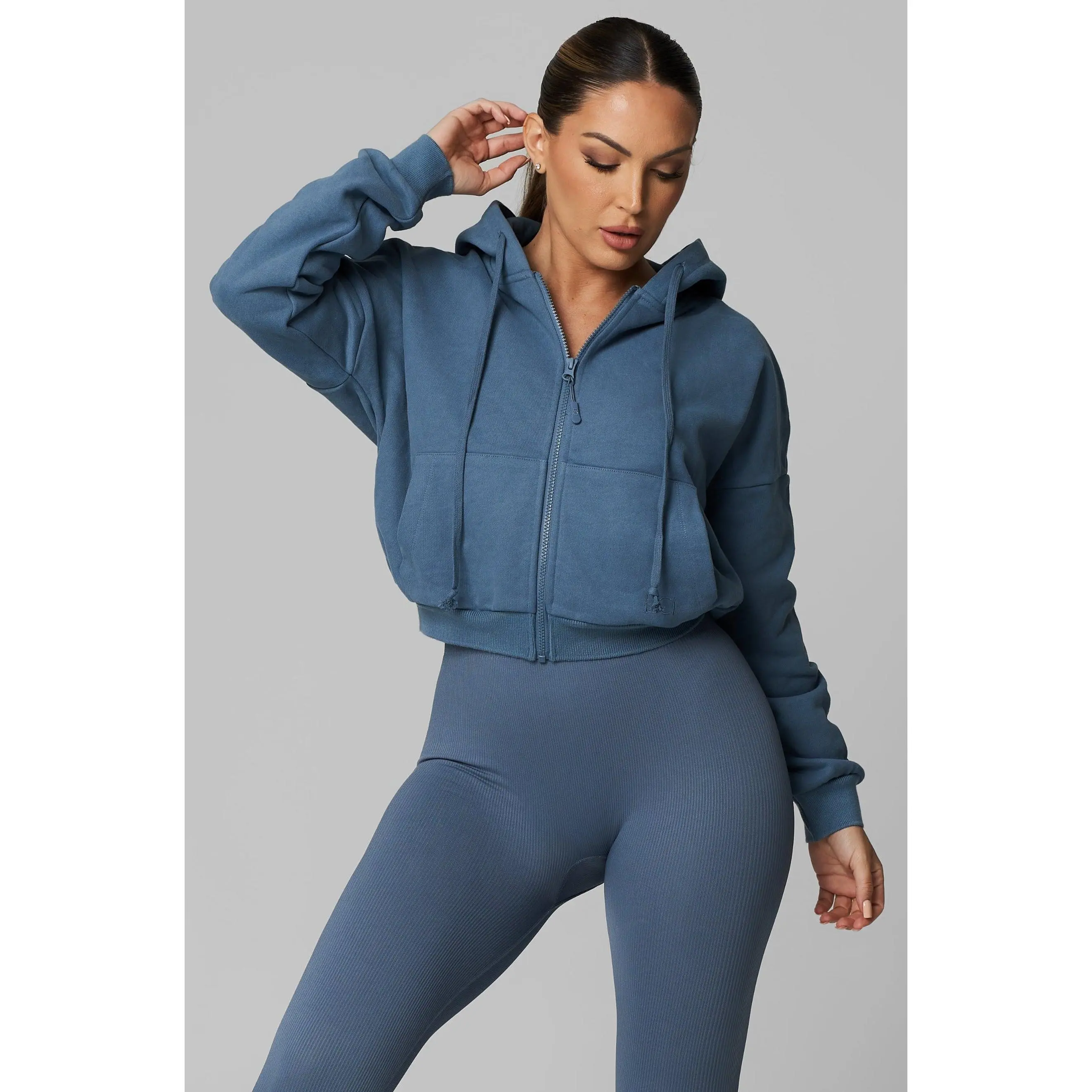 Dusty Blue Heavy Cotton Cropped Full Zip Jacket