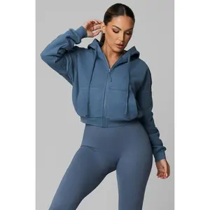Dusty Blue Heavy Cotton Cropped Full Zip Jacket