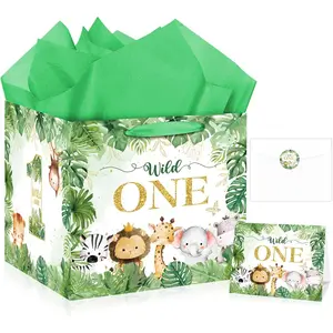 Bag Square    1st Birthday Bag for  Boys with Wrapping Paper Card Sticker Envelope Jungle First Birthday Safari  Year Old Party Favors Decorations
