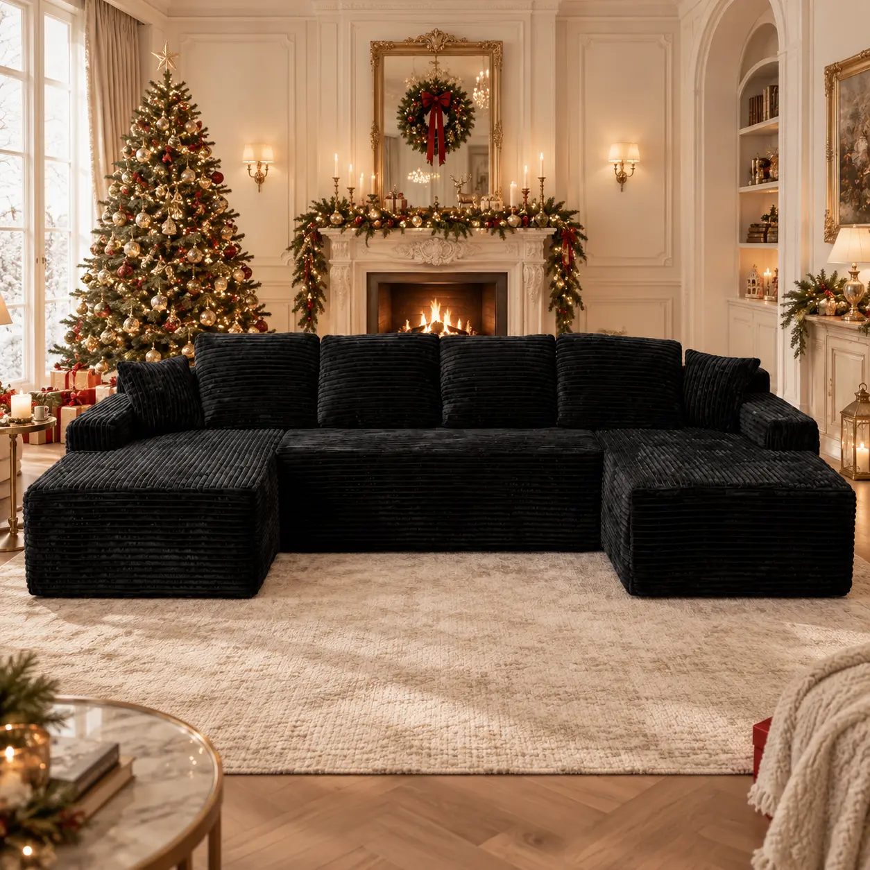 Christmas Black L/U Shaped Modular Sectional Sofa, 131" 6 Seats Modern Cloud Design, Deep Seat Cozy Upholstered Couch for Living Room Holiday Lounge