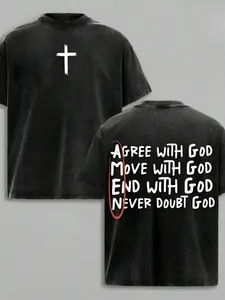 AGREE WITH GOD Cross Graphic Tee | Washed Black Christian Print Shirt | Vintage Aesthetic Faith Casual Top | Brushstroke Cross & Bold Text Design | Oversized Loose Fit | Daily Wear & Church Outings | Trendy Religious Statement Apparel