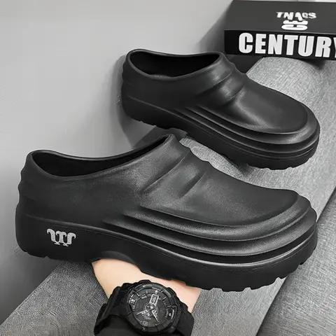 Men's Thick Sole Waterproof Non-Slip Slippers, Water Clogs, EVA Clogs, Kitchen Clogs, Letter Pattern Clogs, Casual Slipper Shoes, Simple Style, Ideal for Chefs and Nurses, Comfortable Work Shoes