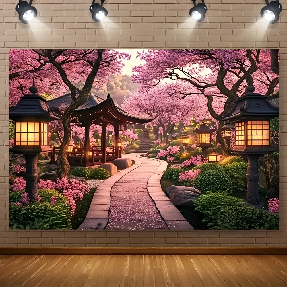 Oriental Cherry Garden Wall Hanging Tapestry - Retro Synthetic Home Supplies, Artistic Watercolour-Geometric Glam Print, Traditional Japanese Scenery & Lantern Design, Rustic Decor for Sofa Background, Parties, Classic