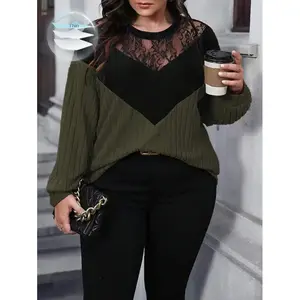 Plus Size Lace Patchwork Color Block Drop Shoulder Sweatshirt, For Thanksgiving Graduation,Back To School Outfits,Graduation,Teacher Outfits For Women,Back To School Pullover Fall Outfit Winter Autumn Long Sleeve Womenswear