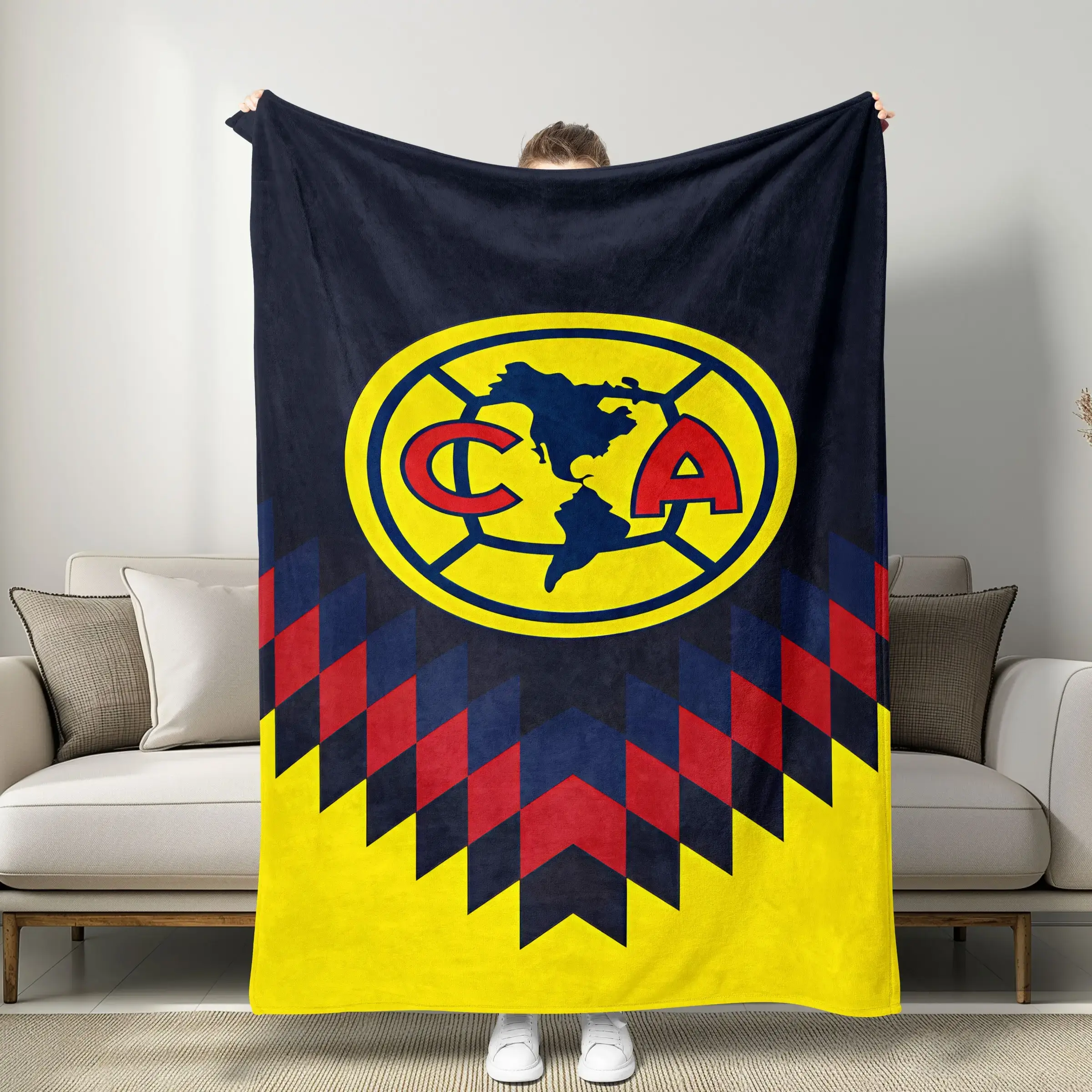 Mexico America Football Club Colorblock Geometric Fan Blanket Classic Blue C.A. Team Logo Soft Skin - Friendly Flannel Throw Blanket, Football Blankets, Geometric Accent Blankets