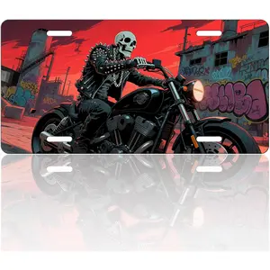 Skull American Flag Front License Plate 6x12 – Punk Biker Rocker Aluminum Vanity Tag for Car Truck SUV – Funny Metal Cover with 4 Holes
