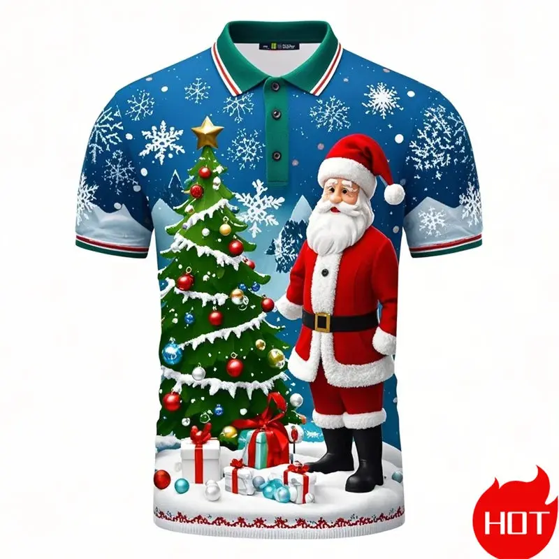 Men's Christmas Graphic Polo Shirt - Short-Sleeve, Stylish Casual Menswear Top, Festive Polyester Print