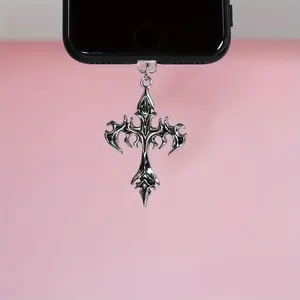Flame Cross and Heart Cross mobile phone dust plug hanging decoration, mobile accessories, suitable for dust protection decoration of iPhone, Samsung, Xiaomi, Huawei Type-C interface, can be matched with keychains and bag accessories, Cell Phone Charm