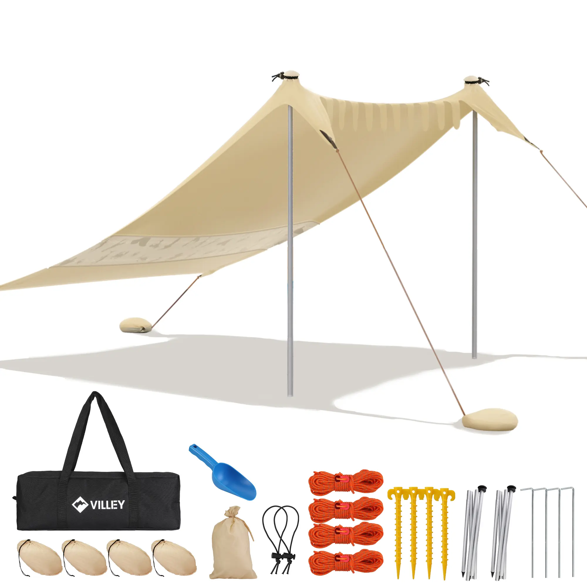 VILLEY Beach Tent Sun Shelter with UPF50+ Protection for 5 Person, 8x7FT Portable Sun Shade with 2 Stability Poles and 4 Sandbags, Outdoor Beach Canopy for Camping, Picnics, Fishing, Outdoors